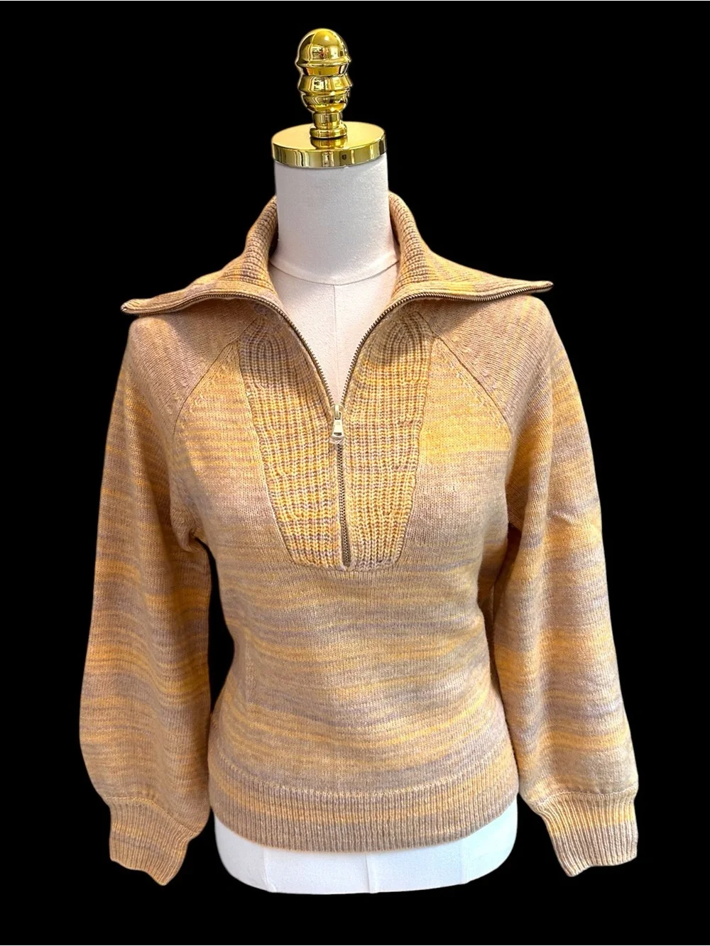 J.Crew Cashmere Merino Space Dyed Half Zip Gold Stripe Sweater Sz S NWOT